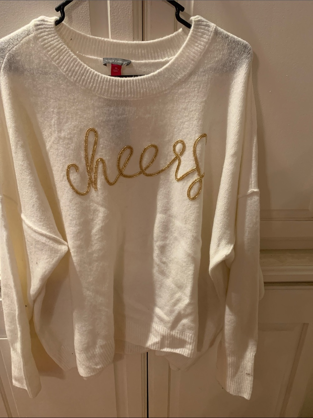 Vince Camuto Cream Crewneck Sweater with Gold 'cheers' Script